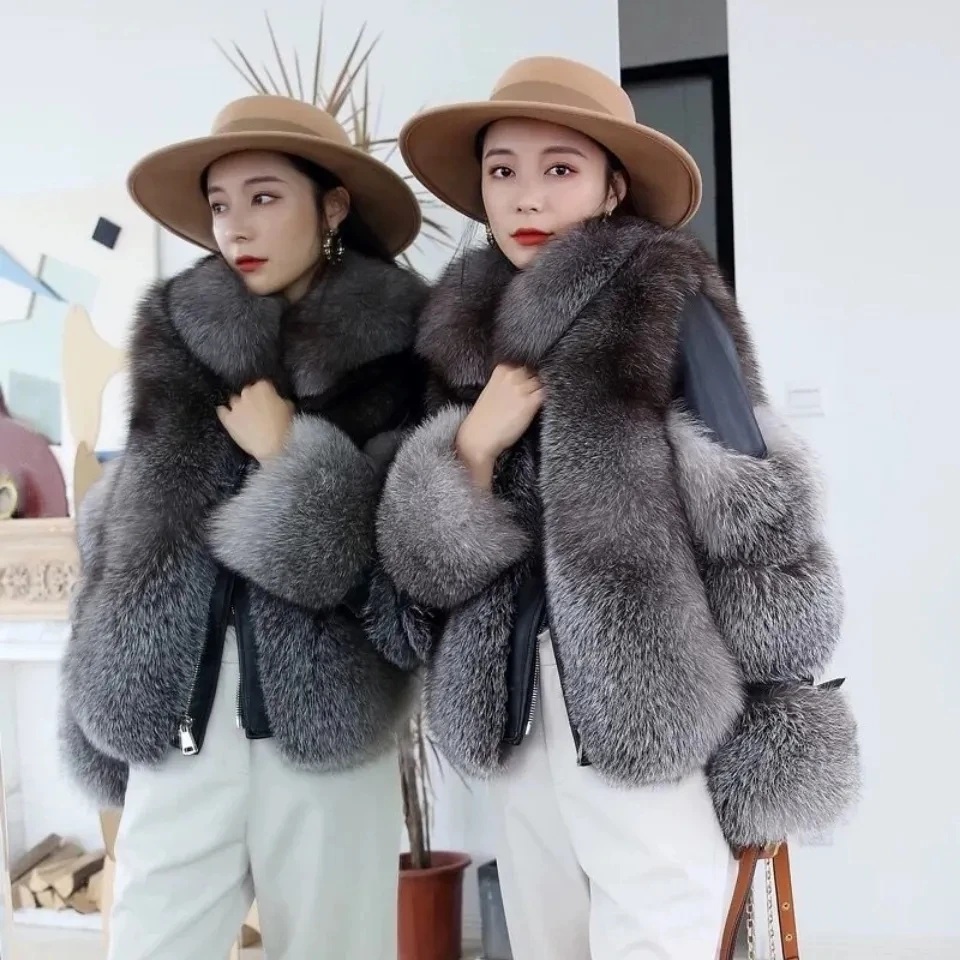 2025 Winter New Imitation Fox Fur Grass Jacket for Women Short Fashion long sleeves Motorcycle Jackets Women's Zipper Outwear