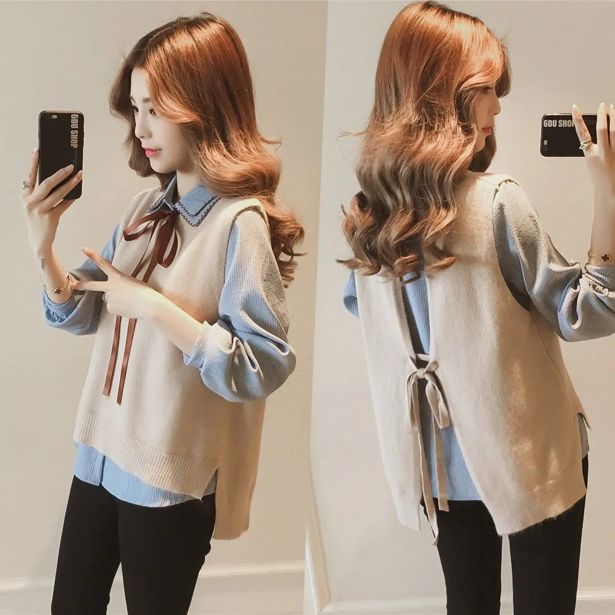 

Women Long Sleeve Shirt Knitted Sweater Vest Two Piece Set Spring Autumn Korean Fashion Lady Vintage Casual Loose Tops R211