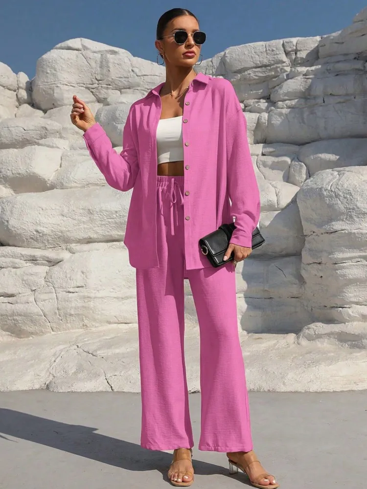 

Модный офисный женский брючный костюм, новый весенне-осенний комплект из двух предметов, повседневная однотонная рубашка с длинными рукавами и брюки, женский наряд