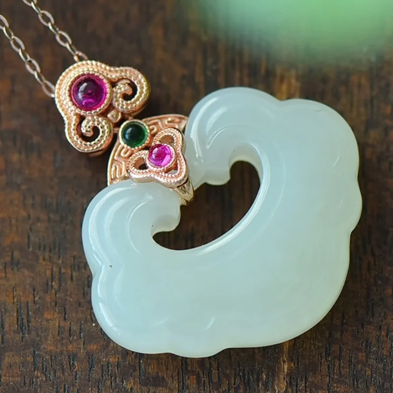 SGARIT Authentic Jadeite Hetian Jade S925 Silver 28*32mm Ruyi Pendant Fashion Simple Fine Jade Texture Colorful Bead Accents