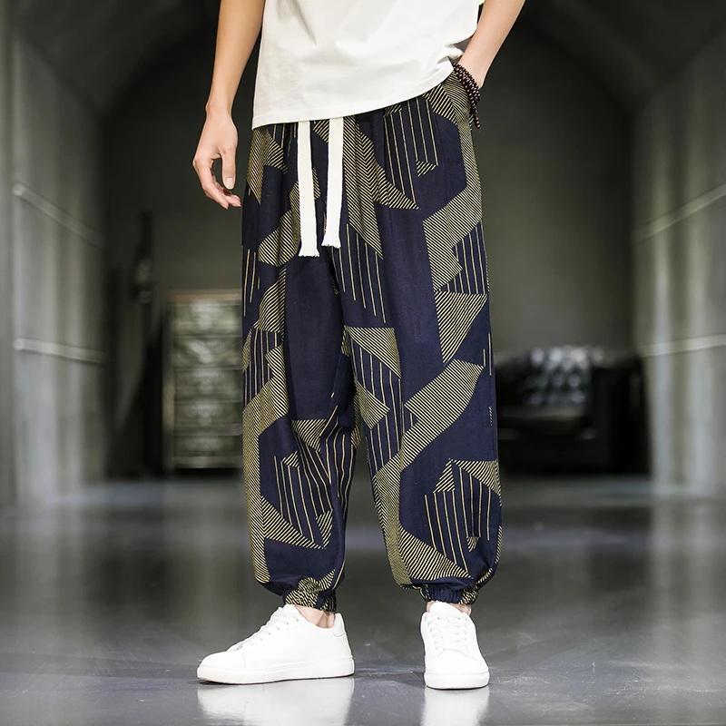 Man Pants Spring Summer Thin Breathable Cotton Linen Pants Men Harem Pants Stripe Printed Casual Loose Bloomers Pants Women