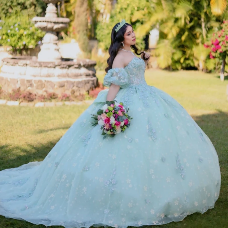 

Светло-зеленое блестящее бальное платье для Quinceanera с аппликациями, кружевом, бисером, кристаллами, бантом, тюлем, корсетом, открытыми плечами, для Sweet 16.