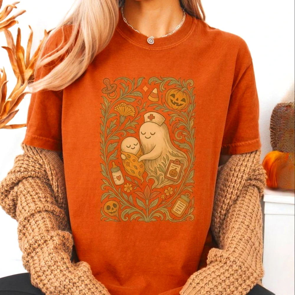 شبح ممرضة هالوين مضحك قميص مطبوع مخيف OB ممرضة الحياة خمر رائجة البيع المحملة الشارع موضة امرأة رجل ملابس علوية من القطن