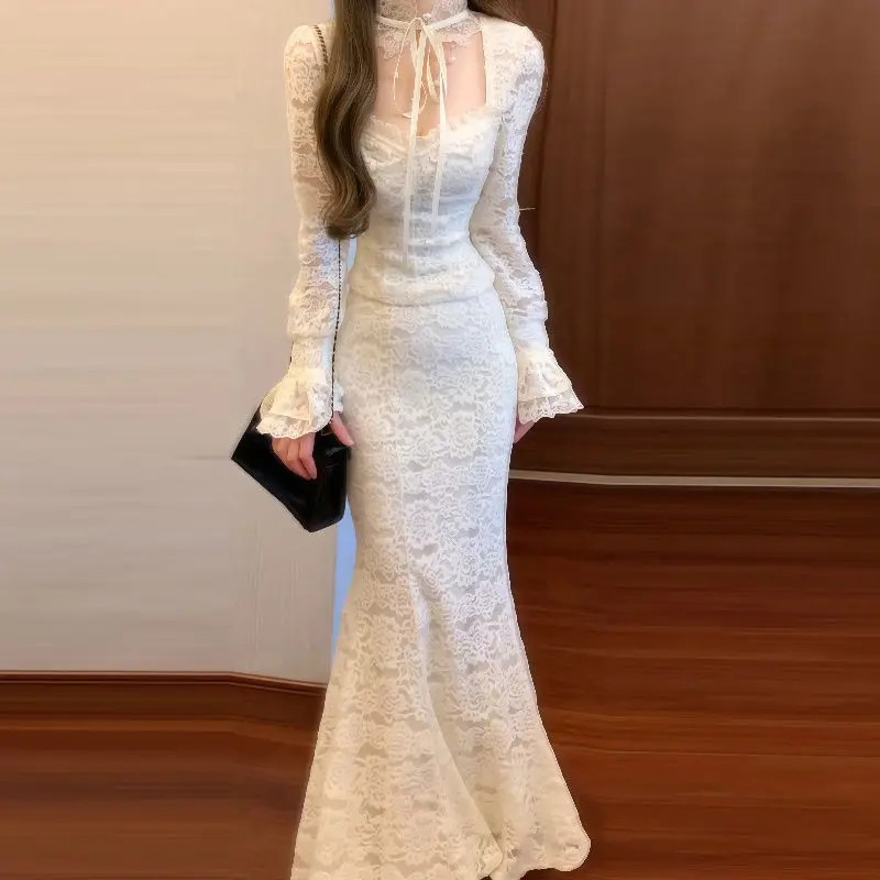 

Элегантный вечерний наряд во французском стиле, осенне-зимний кружевной топ + юбка с хвостом русалки, костюм, шикарный облегающий длинный комплект из двух предметов 2025