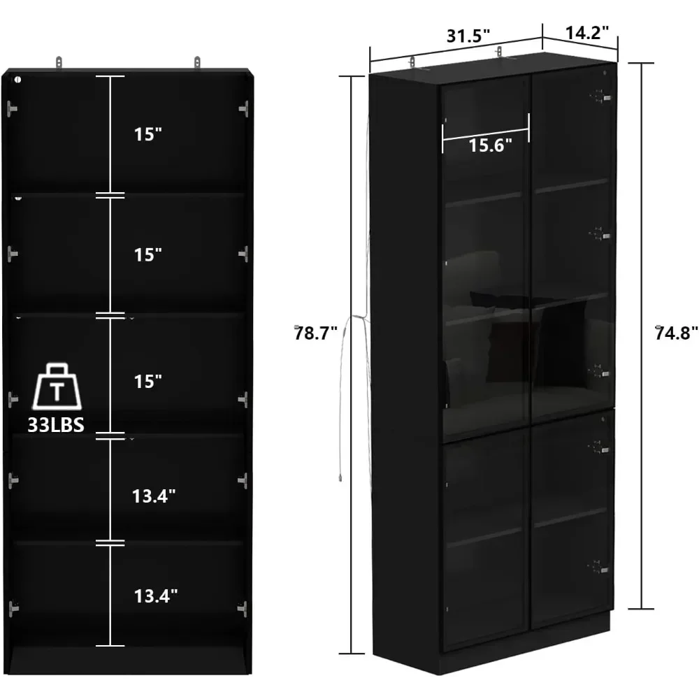 Glass Door Cabinet with Lights and 5 Storage Shelves, Tall Modern Display Storage Organizer with 2 Doors, Wooden Freestanding