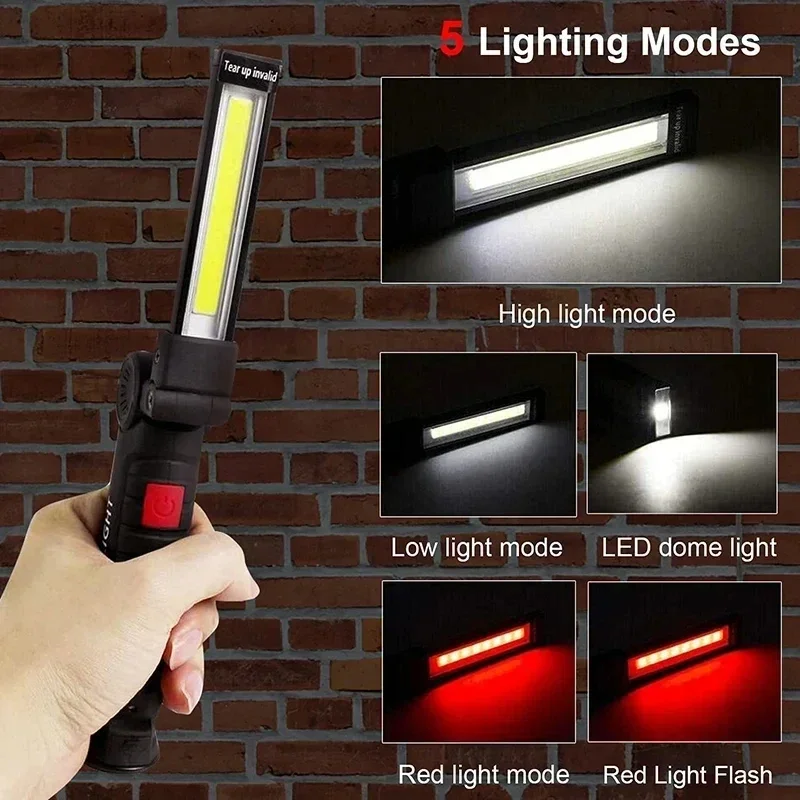 Portable COB LED Flashlight USB Rechargeable Work Lights 5 Lighting Modes with Magnetic Outdoor Camping Emergency Torch