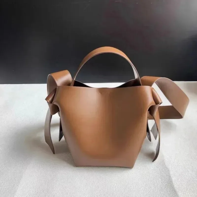 26 SS Women Genuine Leather Bow Decor Tote Bucket Bag Portable Commute Shoulder Crossbody Handbag
