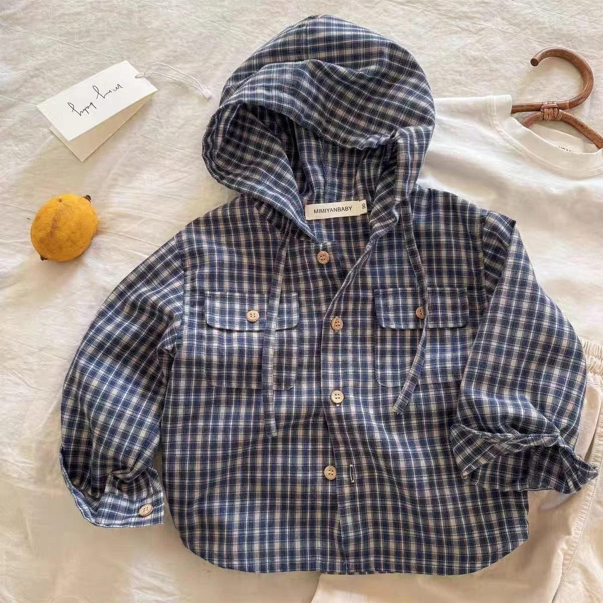 Kids Hooded Plaid Shirt Jacket Spring Autumn 2025 New Korean Style Boys Girls Cute Fashion Outerwear