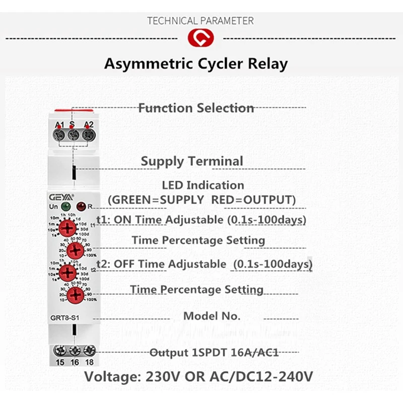 GEYA GRT8-S Asymmetric Cycle Timer Relay SPDT 16A Electronic Repeat Relay, GRT8-S1