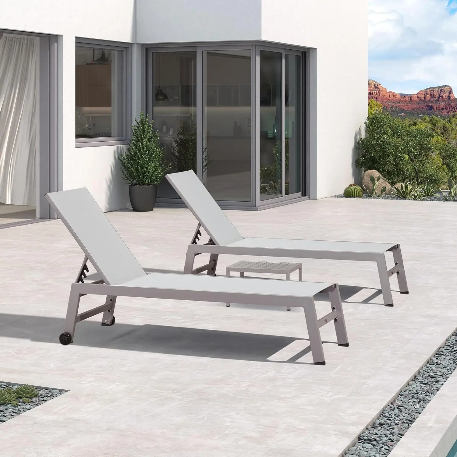 

Набор из 2 регулируемых алюминиевых шезлонгов с колесами и столиком для улицы, патио, бассейна, пляжа, двора, светло-серый, на заказ