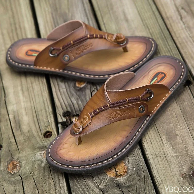 2024 New Summer Handmade Leather Slippers Trendy Fashion Men's Flip-flops Outdoor Breathable Comfortable Men and Simple Sandals