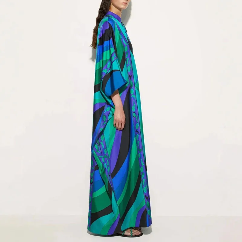 Vestaglie per donna Primavera Tie-up O Collo Abiti lunghi larghi Stampa geometrica retrò Abito lungo da festa Autunno Manica 3/4 Abito Boho da vacanza