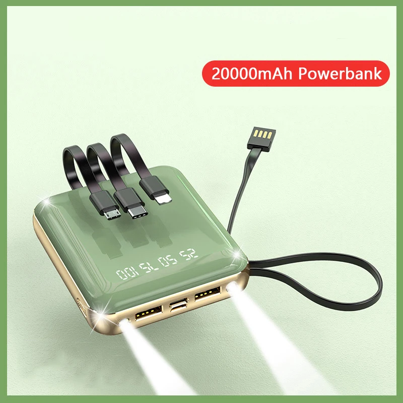 

20000mAh Mini Power Bank Built in Cable Portable Charger Powerbank For iPhone 15 Samsung S23 Huawei Xiaomi Poverbank with Light