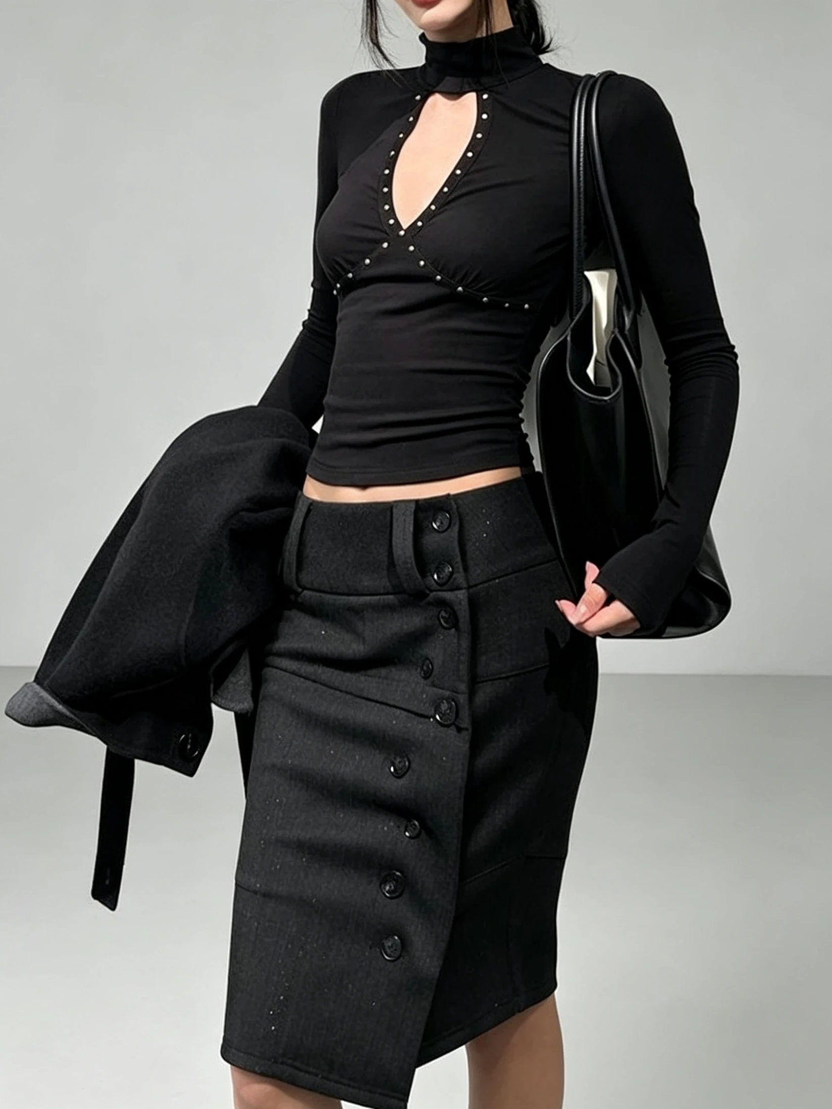 High Waist Button up Midi Skirt Black Grey Commute Style Women's Fashion Autumn New Straight Cut Bodycon Skirt Korean Version