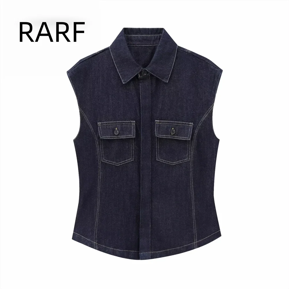 2024 Sonbahar/Kış Yeni Koleksiyon kadın Retro Rahat Iplik Kesme Dekorasyon Yaka Kolsuz Kovboy Gömlek Yelek