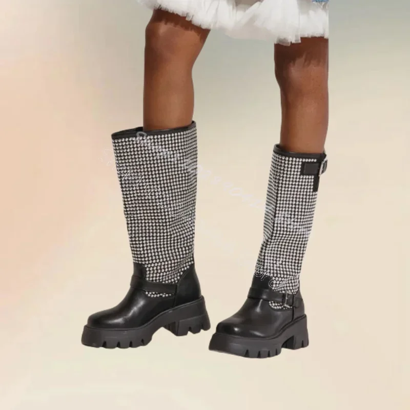 Rhinestone Buckle Decor Black Wave Bottom Boots Slip On Women Shoes Chunky Heels Fashion Party Banquet 2025 Zapatos Para Mujere