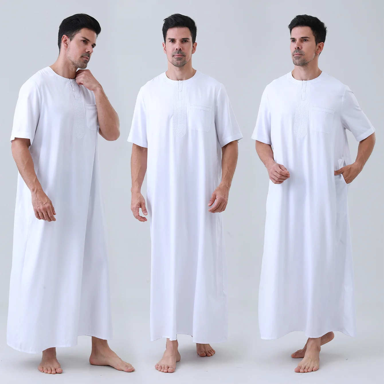 

Quality Men's Casual Thobe Dista Thobe White Color Cotton Linen Short Sleeve Kaftan Jabal Thobe for Men Muslim Prayer Dress