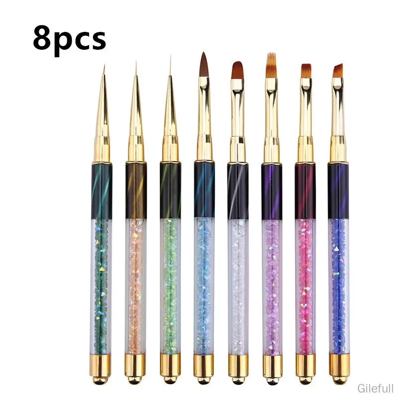 8Pcs/Set Nail Art Rhinestone Handle Brush French Stripe Lines Pattern Acrylic UV Gel Extension Painting Pen Manicure Tool