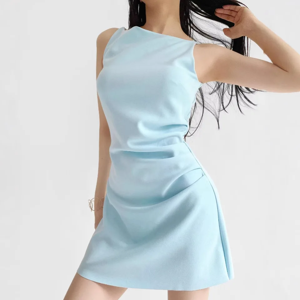 

Dress Dresses Women Spring Summer Round Neck Ruched Slim Fit Tank Slip