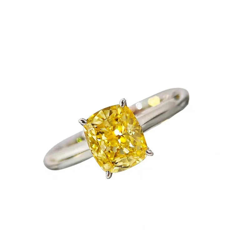

LYCFN 6.5*7.5MM Yellow Cube Sugar High Carbon Zircon Diamond Silver Ring 100% S925 Silver Wedding Party Fine Jewelry