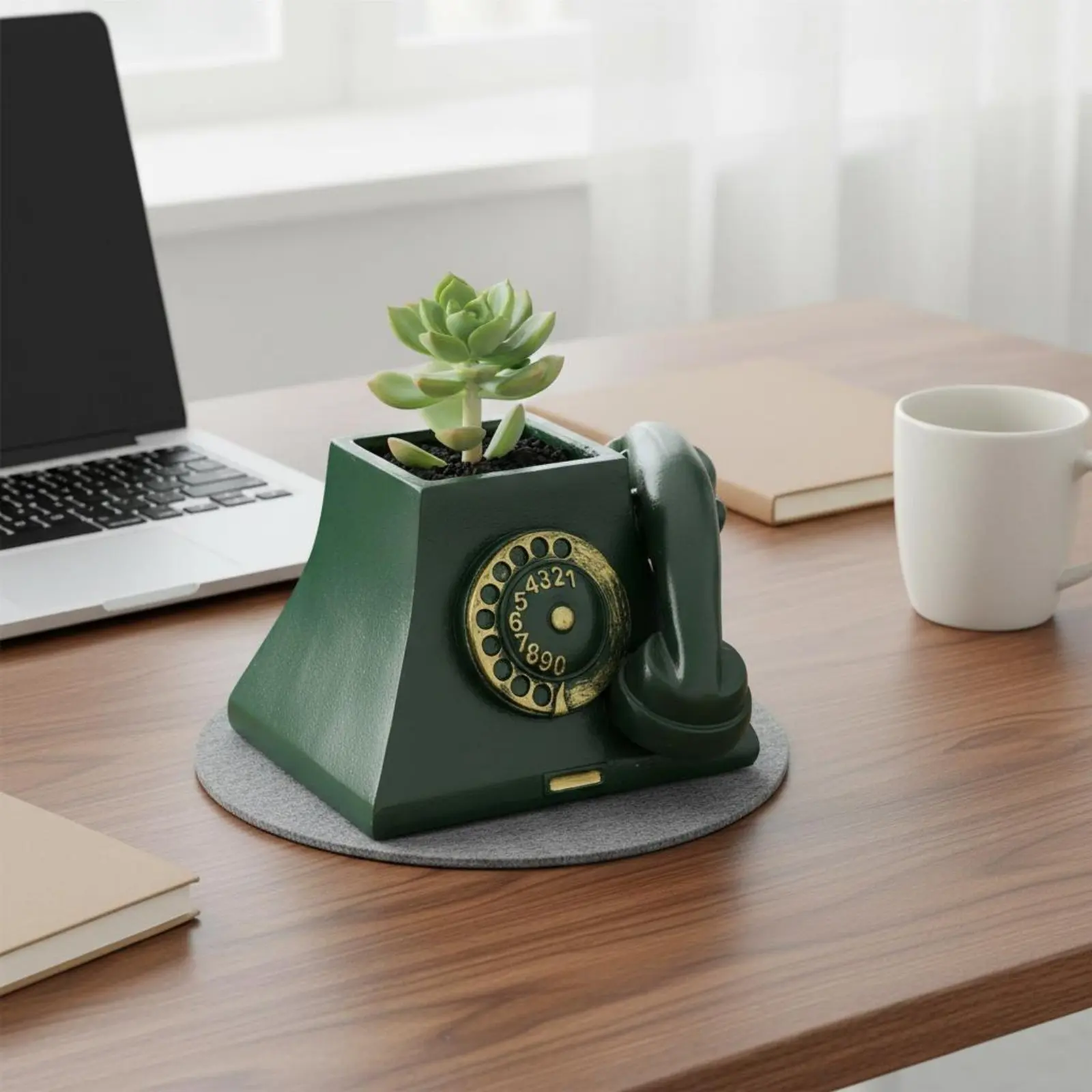 Retro Telephone Plant Pot Resin Material Rotary Phone Flower Pot Vintage Telephone Planter Hand-Painted for Desktop, Bedroom view 3