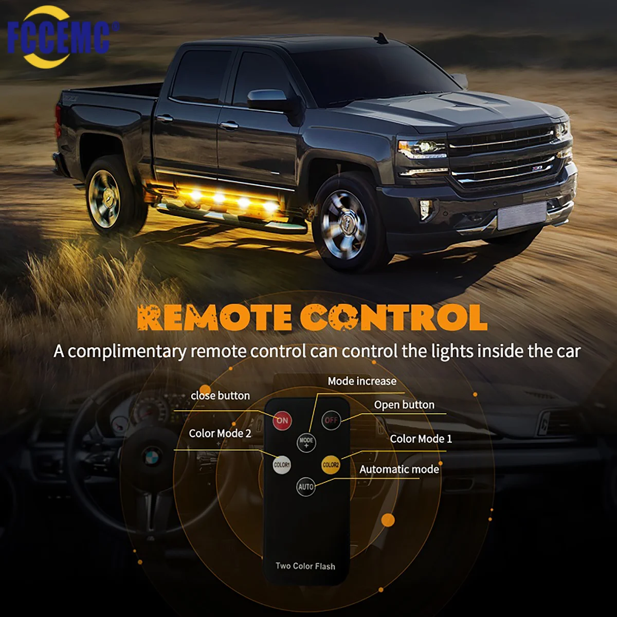 

2 In 1 Emergency Car Truck Strobe Warning Light Strip with Remote Control Flashing Running Board Lights For Pickup Jeep Ford