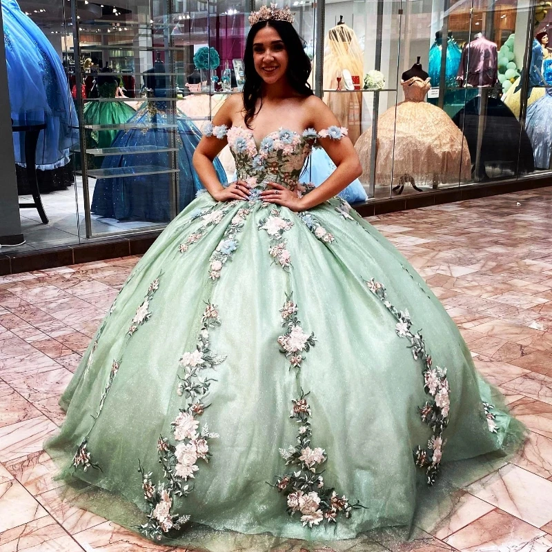 Personalizado méxico hortelã brilhante quinceanera vestido fora do ombro vestido de baile para menina 3d flores doce 16 vestidos para xv anos yqd334