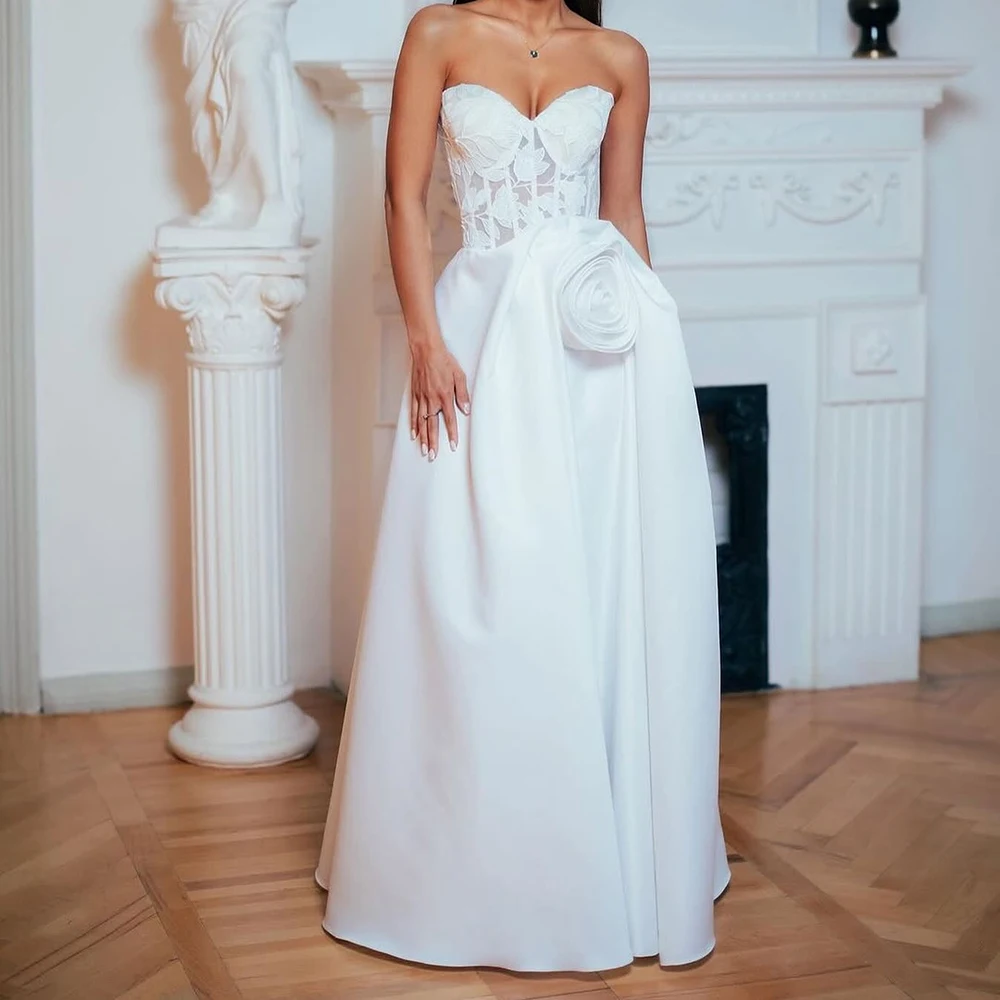 

Customized A-line Evening Dresses Floor-length Strapless Sleeveless Prom Gown Fashion Lace Flowers Draped Backless Party Gown