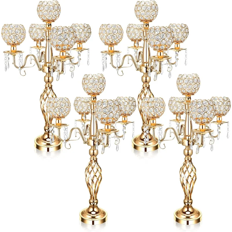 

4 Pcs 5 Arm Crystal Candelabra Centerpieces for Tables 27 Inch Tall Crystal Candle Holders Bowl Candelabra Table Centerpi