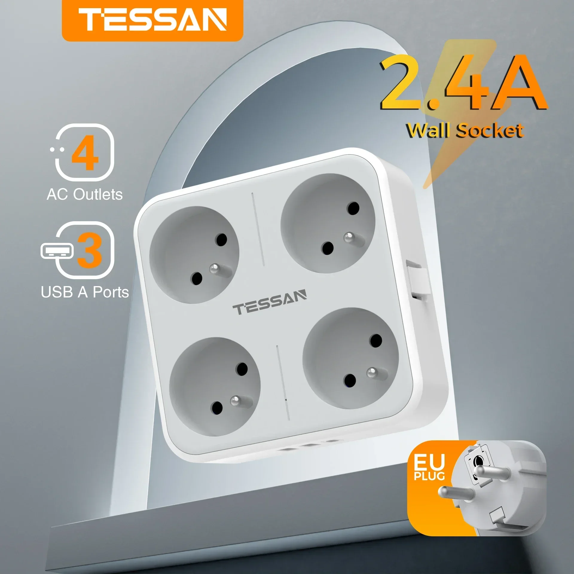 TESSAN 4000W FR To EU USB Wall Socket with 4 French Socket Type C Square Travel Converter Plug with Switch Electrical Socket