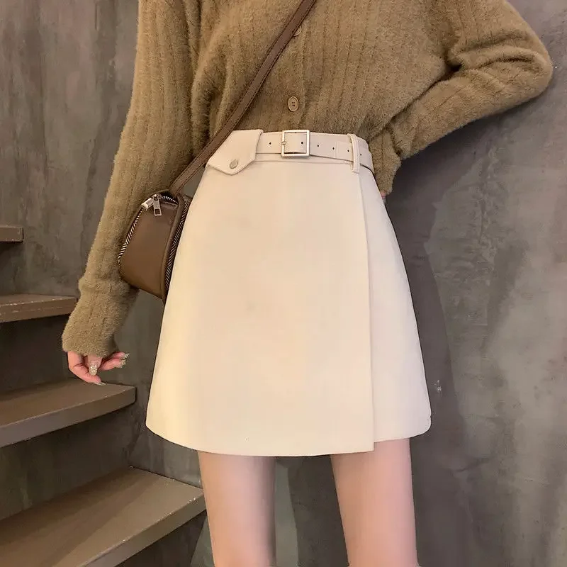 With Belt Autumn and Winter High Waist A- line Skirt Black Skirt for Women Woman Skirts Faldas Jupe