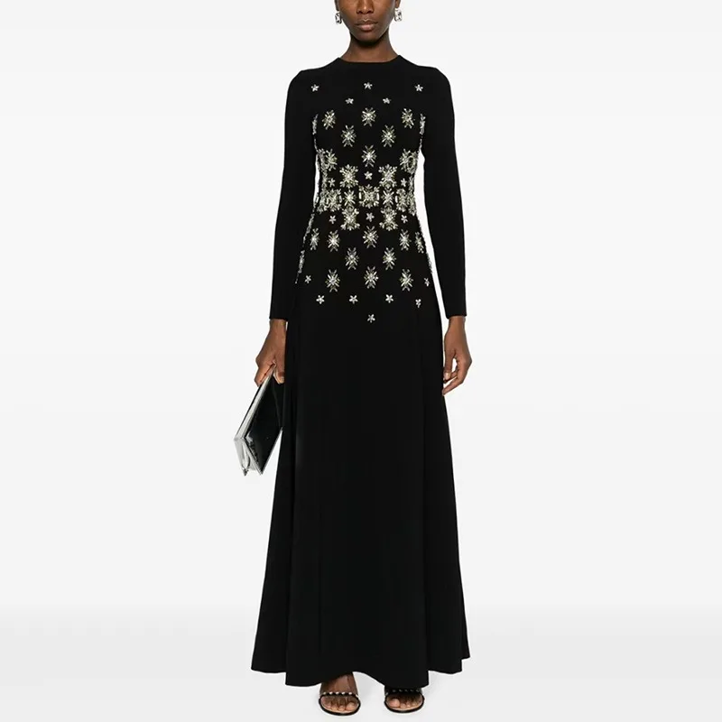 

QMQA Fashion Women's Elegant Banquet Dress Long Sleeve Spliced Bead Diamond Slimming Evening Maxi Dresses 2025 Female New QM329