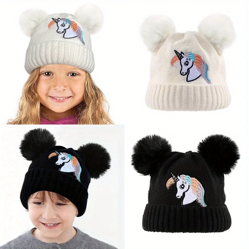 2Pcs Newest 2-10 Year Old Kids Children Girls Boys Winter Unicorn Scarf Beanie Hat PomPom Elastic Knitted Velvet Scarf Hat Set