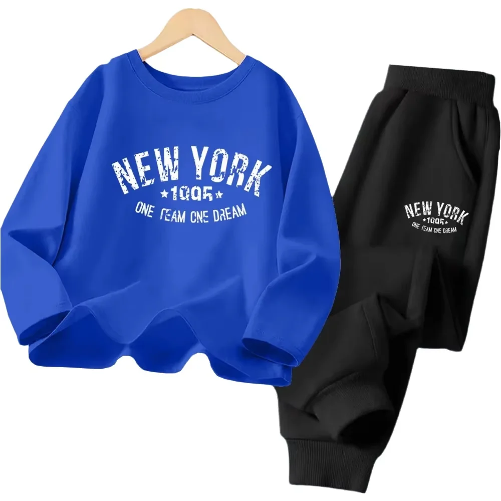 Jungen-Herbst- und Frühlings-Kleidungssets, New York City Letter Print T-Shirt und Hose, 2-teiliges Outfit, Langarm-Trainingsanzüge