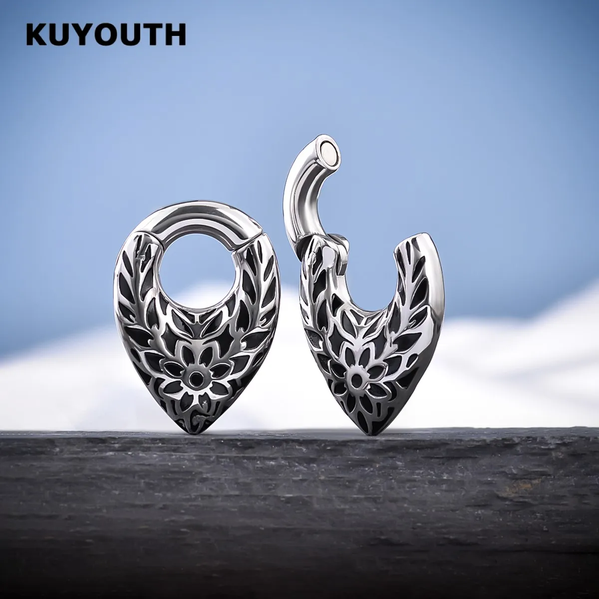 KUYOUTH 2 SZT. Retro Kolczyki Magnetyczne w Kształcie Kropli z Kwiatami, Rozpychacze do Uszu ze Stali Nierdzewnej, Biżuteria do Piercingu Ciała