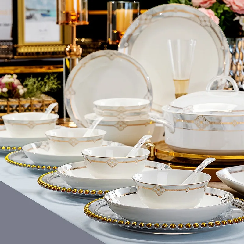 Bone china tableware bowl combination set Jingdezhen new Chinese light luxury ceramic dishes