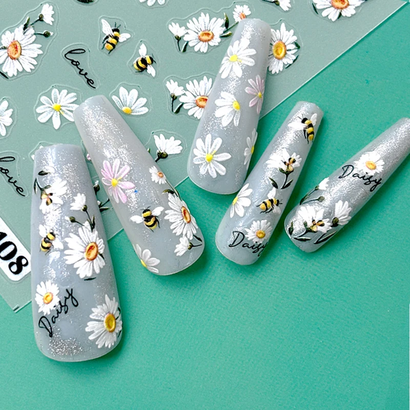 1Pc 3D White Daisy Nail Sticker Spring Cherry Flower Butterfly Insect autoadesivo Manicure decalcomania Charms fai da te