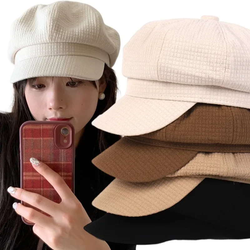 Women‘s Winter Vintage Berets Caps French Artist Warm Waffle Hat Female Solid Octagonal Hats Fashion Casual Autumn Cap