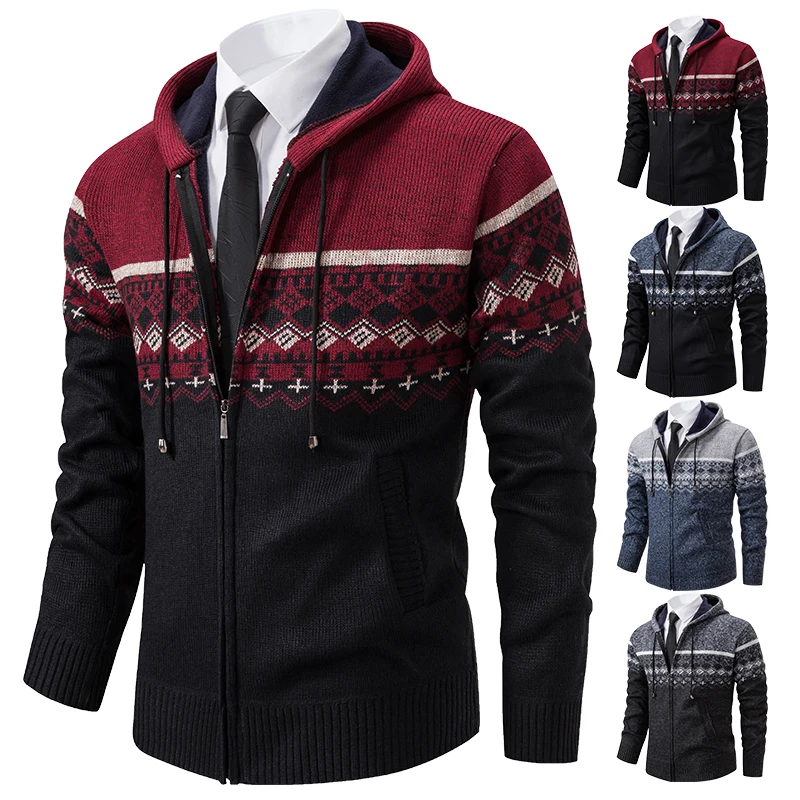 

men's Warm jackets in autumn and winter men's Korean version of hooded men's knitted cardigan plus velvet padded jacket