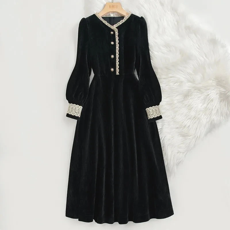 

Corduroy Dress Black Korean Dress Gothic French Retro Temperament Party Dress Hepburn Style Waist Slim Vintage Dress