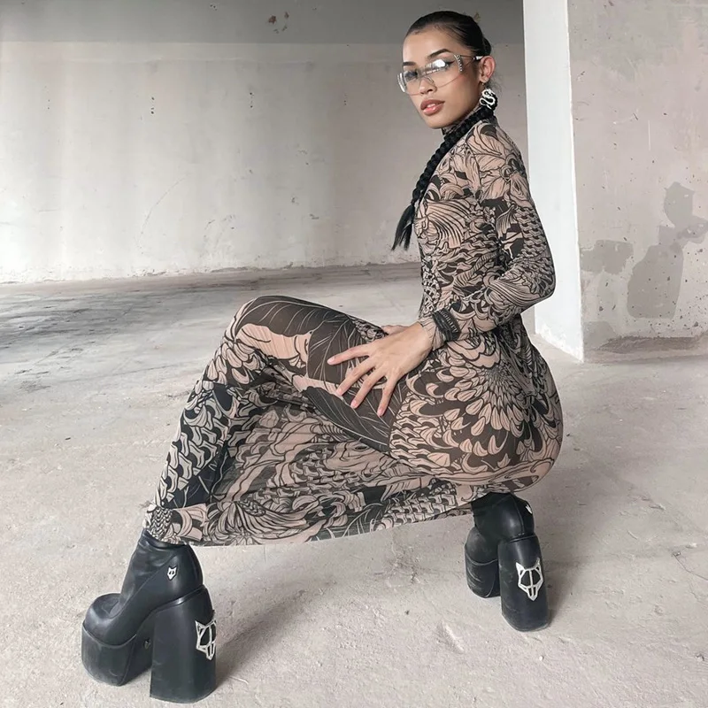 女性のためのハイネックロングドレス,メッシュ,Vネック,スリムフィット,長袖,セクシー,タイト,ダークゴシック,秋,新作