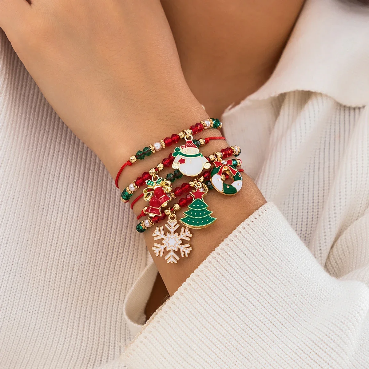 5pcs/set Cute Christmas Series Snowflake Tree Pendant Crystal Bracelet Women CCB Beads Adjustable Thread Rope Bracelet