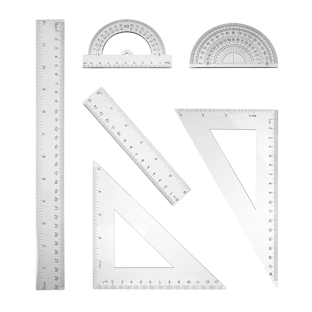 6pcs Triangle Ruler Protractor Set Clear Plastic Geometric Drawing Tools Student Math Measuring Ruler Drafting Engineer Metric