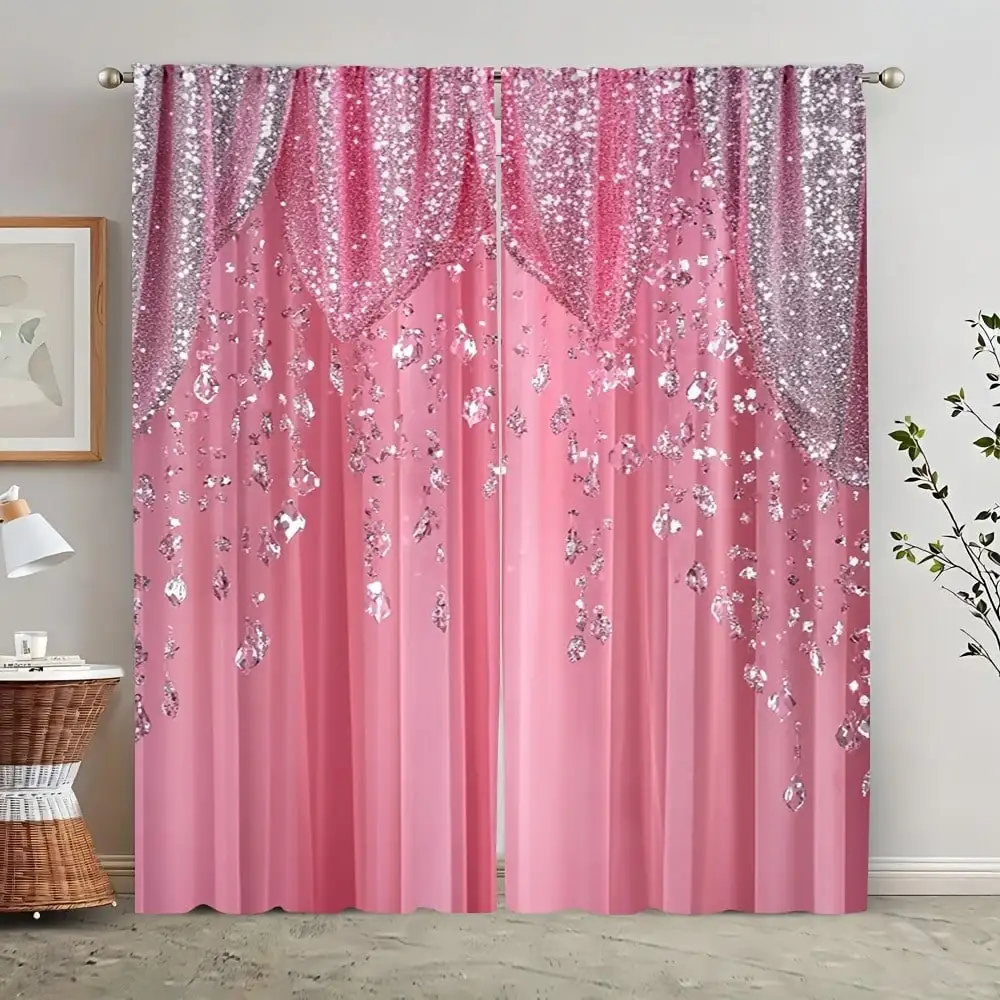 

2pcs Bohemian Style Pink Sequin Printed Curtains - Lightweight Polyester, Rod Pocket Design For Easy Hanging,