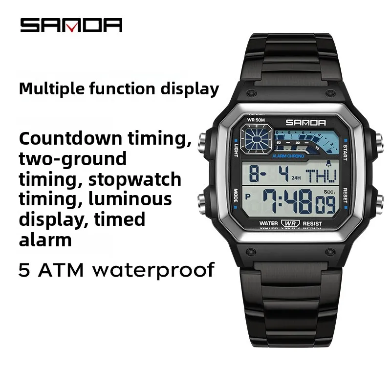 SANDA นักเรียนกีฬาอิเล็กทรอนิกส์นาฬิกาผู้ชายคลิกเดียวไฟกลางคืน + เวลาคู่ + นาฬิกาปลุก 5ATM กันน้ำนาฬิกาจับเวลาถอยหลัง
