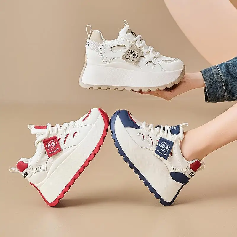 

Real Leather Dad Shoes Thick Bottom Casual Deoxynucleotide Women's Versatile White Sneakers Korean Style round Toe Slip-On