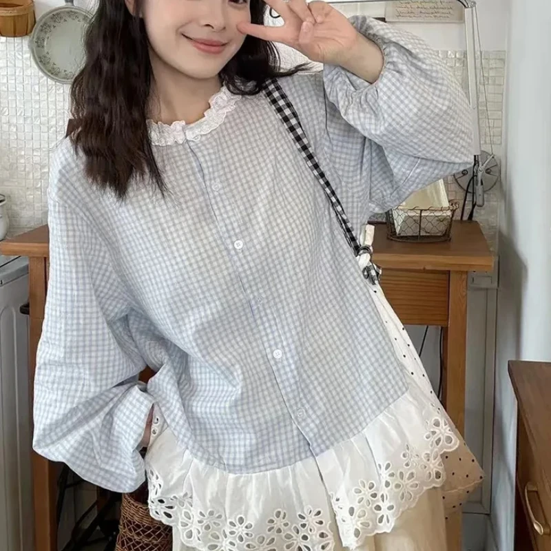 

Korean Sweet Plaid Shirt Women Fashion Lace Patchwork Loose Blouse Elegant Casual Preppy Style O Neck Female Chic Tops New