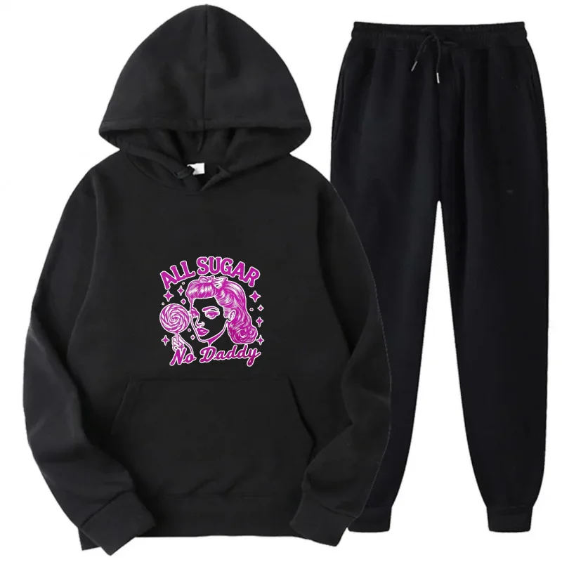 طقم هوديي رمادي + نمط ونص مطبوع باللون الوردي All Sugar No Daddy #2