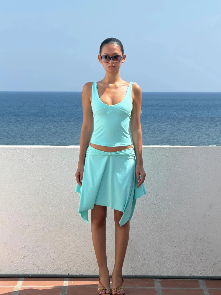 Y2K Beach Women Solid Two Piece Dress Sets Sleeveless U‑Neck Crop Top Irregular Hem Skirt Casual Holiday Matching Outfits
