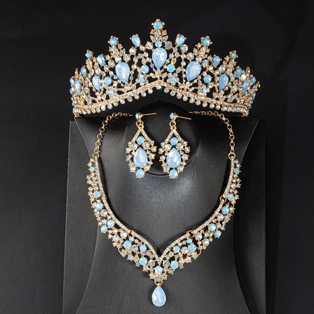 KMVEXO Gorgeous Crystal Opal Bridal Jewelry Sets Fashion Tiaras Earrings Necklaces Set for Women Wedding Dress Crown Jewelry Set view 4